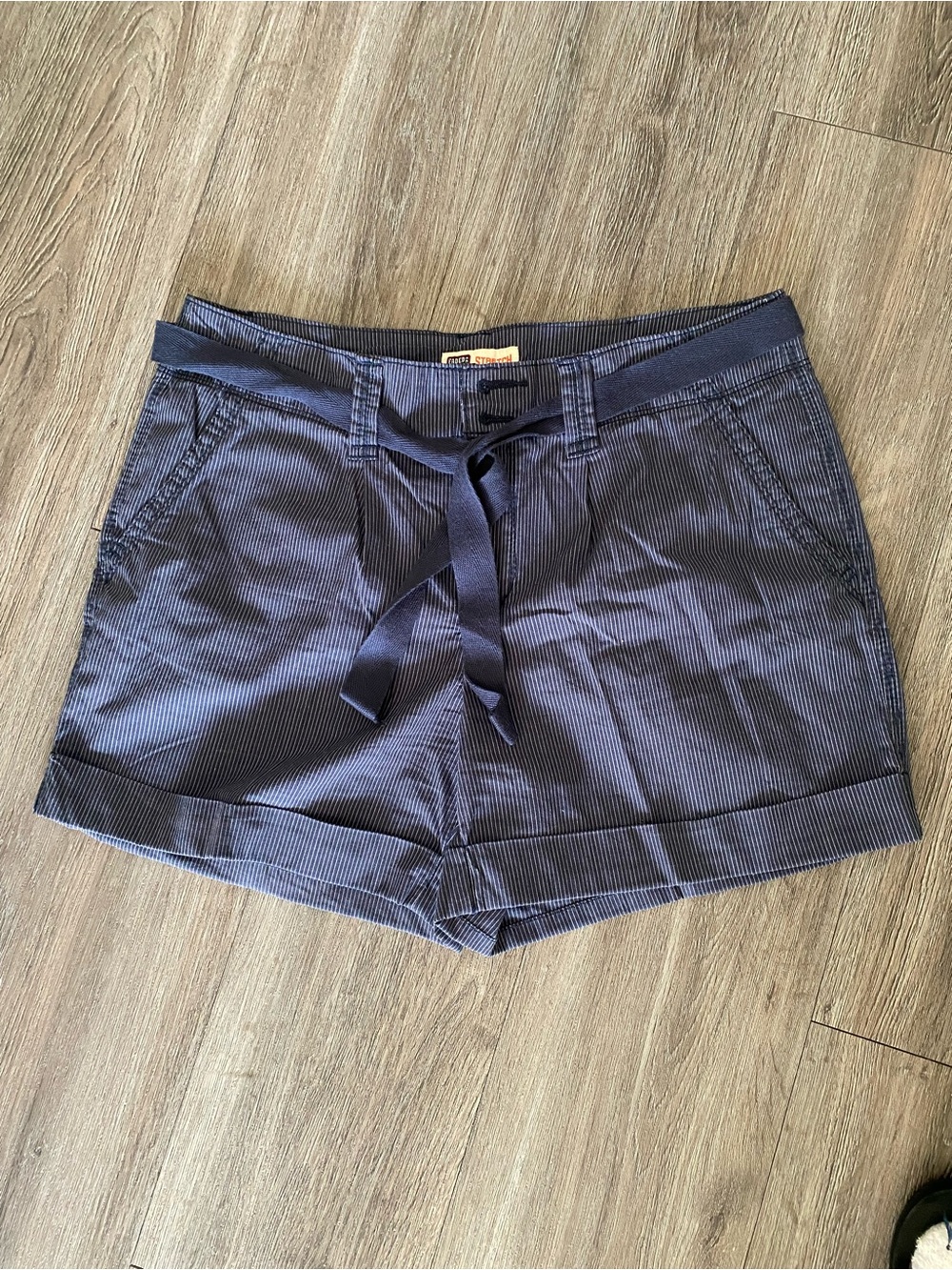 Faded Glory Stretch Navy Pinstripe Tie-Waist Shorts